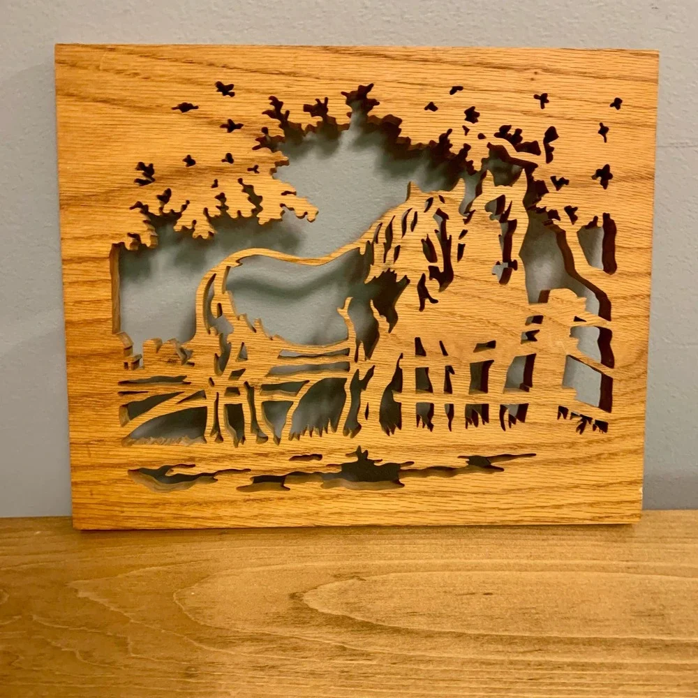 Wood Laser Engraved Oak Horse Pasture Western Wall Decor Plaque Alligator Hanger